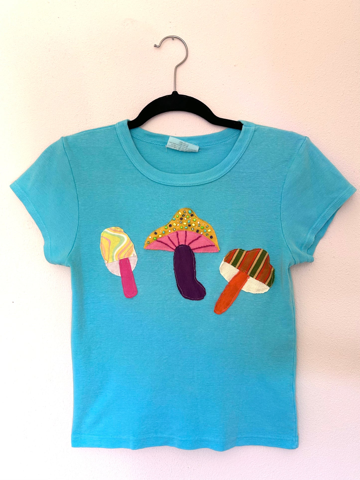 Colorful Mushroom Beaded Blue T-Shirt