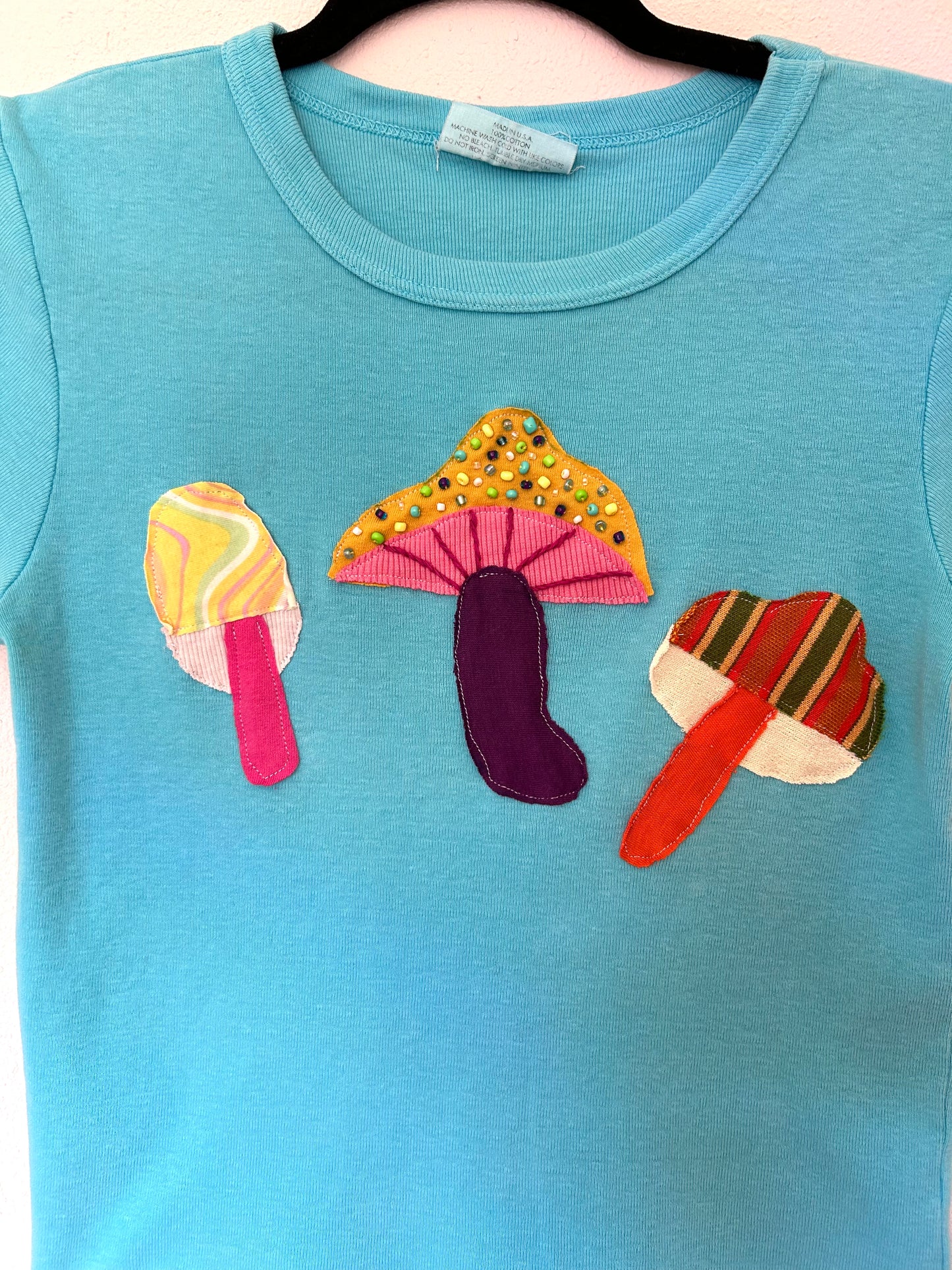 Colorful Mushroom Beaded Blue T-Shirt