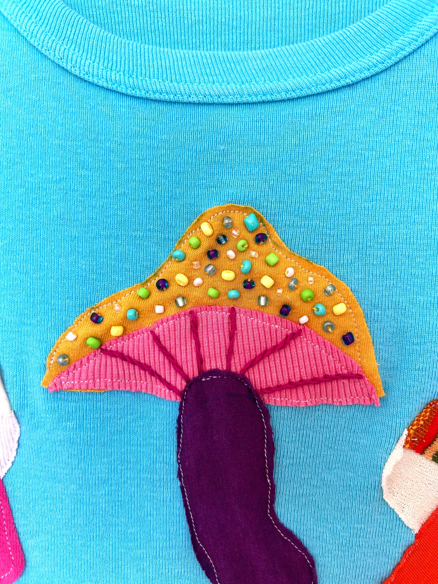 Colorful Mushroom Beaded Blue T-Shirt