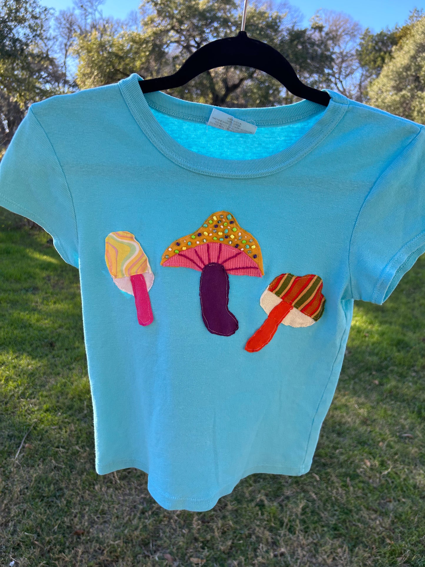 Colorful Mushroom Beaded Blue T-Shirt