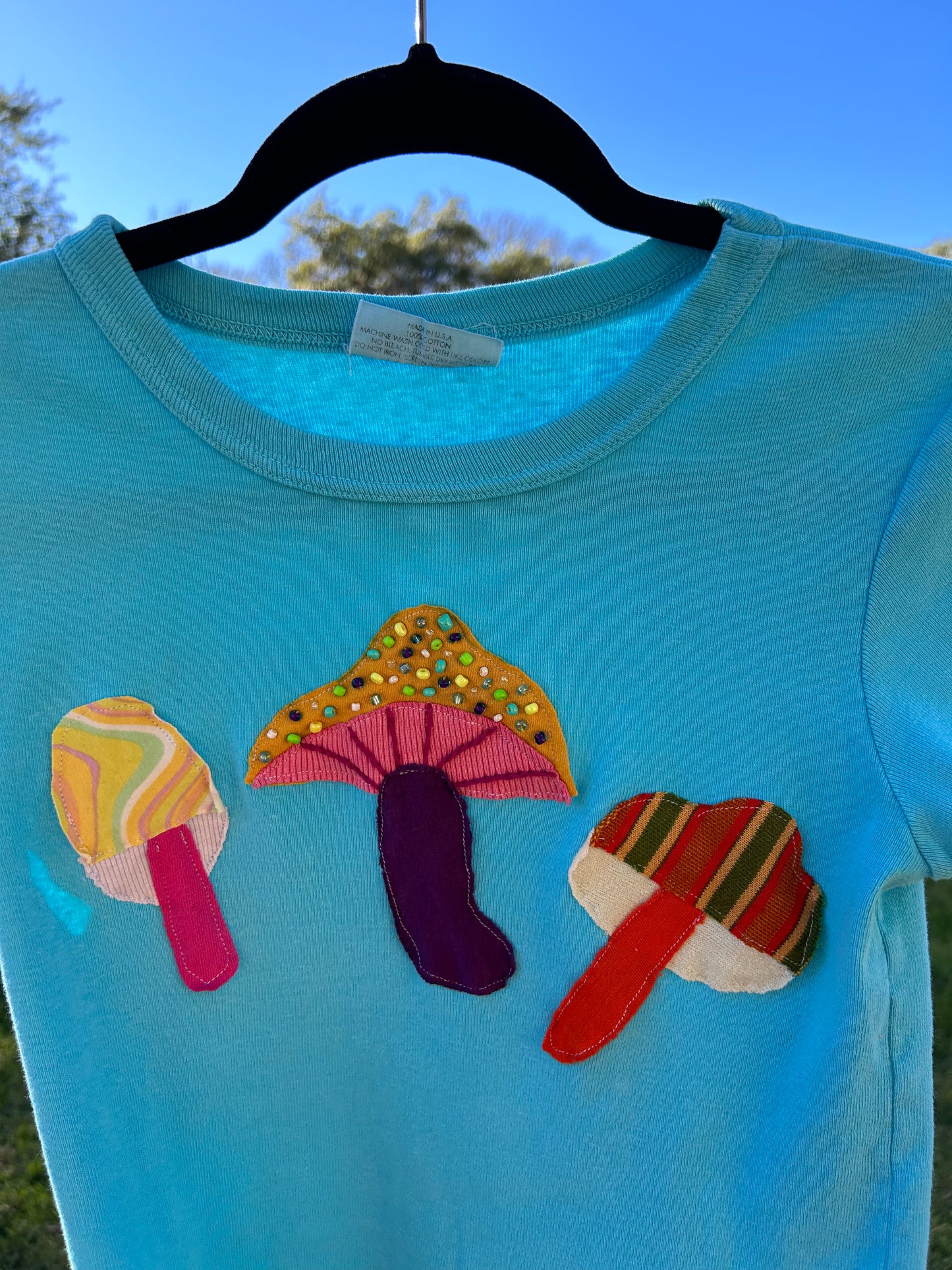 Colorful Mushroom Beaded Blue T-Shirt